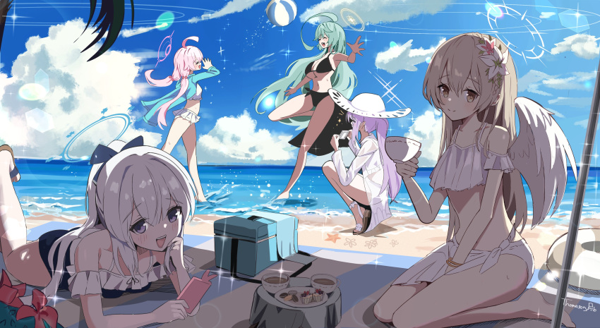 5girls absurdres ahoge alternate_costume angel_wings aqua_hair artist_name atsuko_(blue_archive) atsuko_(swimsuit)_(blue_archive) bangle beach_towel beach_umbrella bikini black_bikini blonde_hair blue_archive blue_one-piece_swimsuit blue_sky bracelet braid breasts camera cellphone cloud cooler crown_braid cup feathered_wings flower frilled_bikini frills grey_hair hair_bobbles hair_flower hair_ornament halo hat highres holding holding_camera holding_phone hoshino_(blue_archive) hoshino_(swimsuit)_(blue_archive) innertube jewelry large_breasts looking_at_another looking_at_viewer low_twintails lying miyako_(blue_archive) miyako_(swimsuit)_(blue_archive) multiple_girls nagisa_(blue_archive) official_alternate_costume on_stomach one-piece_swimsuit open_mouth phone pink_hair ponytail purple_hair sandals sarong seiza shade signature sitting sky small_breasts smartphone smile sparkle sun_hat swim_ring swimsuit teacup thomason366 towel twintails umbrella white_bikini white_wings wide_brim wings yellow_eyes yume_(blue_archive)