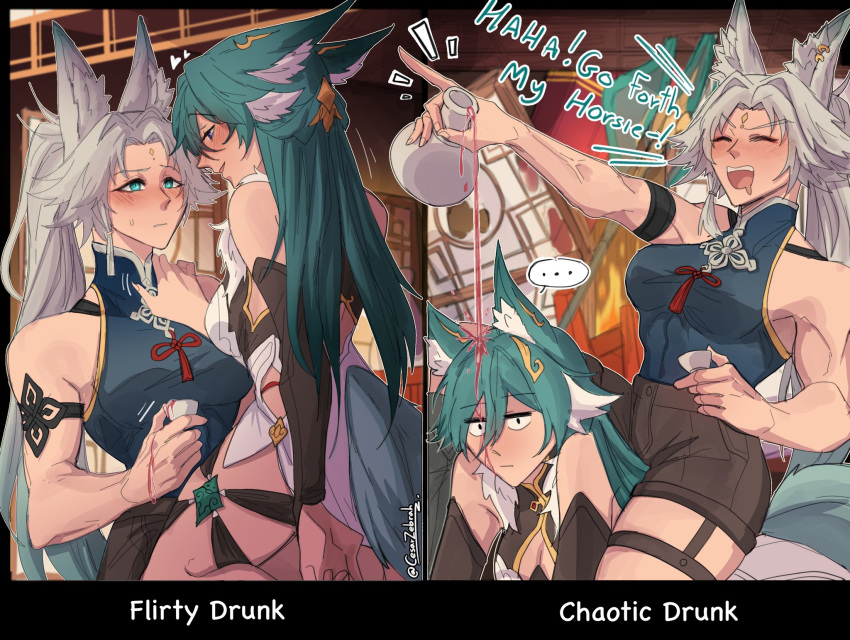 ... 2girls animal_ear_fluff animal_ears bare_arms blue_eyes blue_shirt blush breasts brown_shorts cesar_zebrah choko_(cup) closed_eyes closed_mouth commentary cup dress drunk english_commentary english_text expressionless feixiao_(honkai:_star_rail) fox_ears fox_girl fox_tail green_hair hand_on_another's_neck heart highres honkai:_star_rail honkai_(series) index_finger_raised large_breasts long_hair multiple_girls muscular muscular_female open_mouth parted_lips ponytail pouring riding shirt shorts sleeveless sleeveless_shirt smile spoken_ellipsis sweatdrop tail tassel twitter_username white_dress white_hair yukong_(honkai:_star_rail) yuri