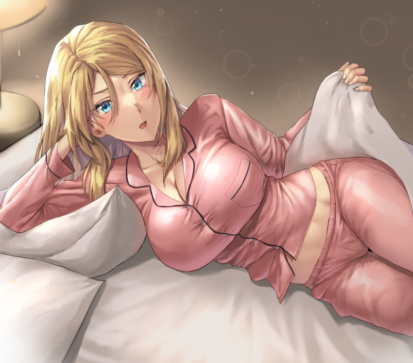 bed_invitation blonde_hair blue_eyes breasts cleavage commentary_request elbow_rest female head_rest highres kantai_collection kokuzou large_breasts lifting_covers long_hair long_sleeves looking_at_viewer lying midriff nelson_(kancolle) on_bed on_side open_mouth pajamas pink_pajamas solo