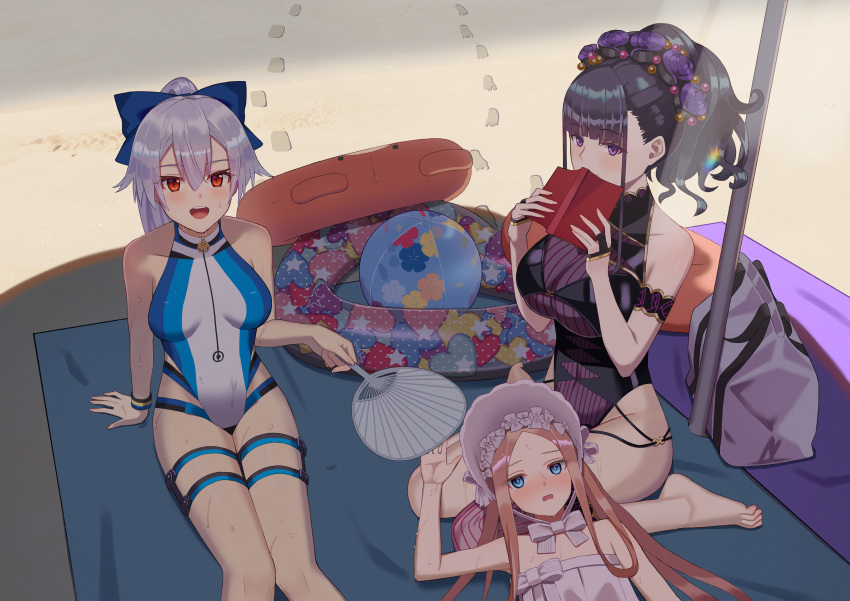 3girls abigail_williams_(fate) abigail_williams_(swimsuit_foreigner)_(fate) abigail_williams_(swimsuit_foreigner)_(third_ascension)_(fate) absurdres armlet ball bare_shoulders beach beachball bikini black_gloves black_one-piece_swimsuit blonde_hair blue_bow blue_eyes blue_one-piece_swimsuit blush bonnet book bow breasts commentary_request fate/grand_order fate_(series) fingerless_gloves flower forehead gloves gold_trim hair_between_eyes hair_flower hair_ornament hair_up hairbow half_gloves hat highleg highleg_one-piece_swimsuit highres innertube jewelry large_breasts long_hair looking_at_viewer lying motukan multiple_girls murasaki_shikibu_(fate) murasaki_shikibu_(swimsuit_rider)_(fate) murasaki_shikibu_(swimsuit_rider)_(first_ascension)_(fate) one-piece_swimsuit open_mouth parted_bangs ponytail purple_eyes purple_hair red_eyes sidelocks sitting small_breasts smile swim_ring swimsuit thigh_strap thighs tomoe_gozen_(fate) tomoe_gozen_(swimsuit_saber)_(fate) tomoe_gozen_(swimsuit_saber)_(first_ascension)_(fate) twintails two-tone_swimsuit very_long_hair white_bikini white_bow white_hair white_hat white_one-piece_swimsuit