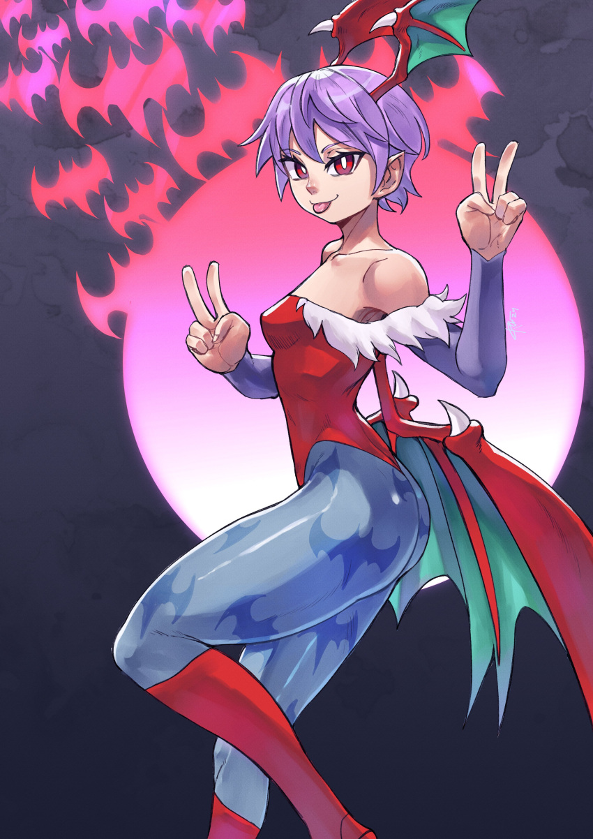 absurdres animal_print ass bare_shoulders bat_(animal) bat_print bat_wings blue_pantyhose breasts bridal_gauntlets bright_pupils corviwing darkstalkers demon_girl demon_wings double_v female flying from_side full_moon hands_up head_wings highres leg_up leotard lilith_(darkstalkers) looking_at_viewer low_wings moon pantyhose pointy_ears print_pantyhose purple_hair purple_sleeves red_eyes red_leotard red_moon red_wings short_hair silhouette small_breasts smile solo tongue tongue_out v white_pupils wings