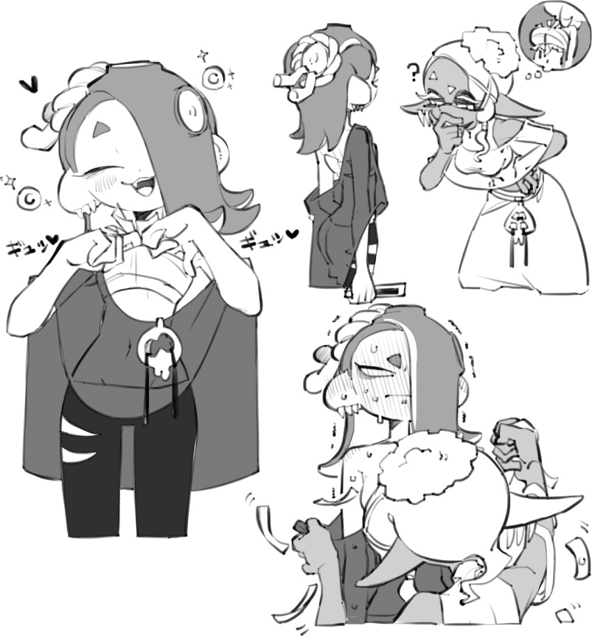 2girls blush breast_padding chest_sarashi closed_eyes frye_(splatoon) full-face_blush greyscale highres mainichi_yamucha monochrome multiple_girls poncho sarashi shiver_(splatoon) splatoon_(series) splatoon_3 sweat