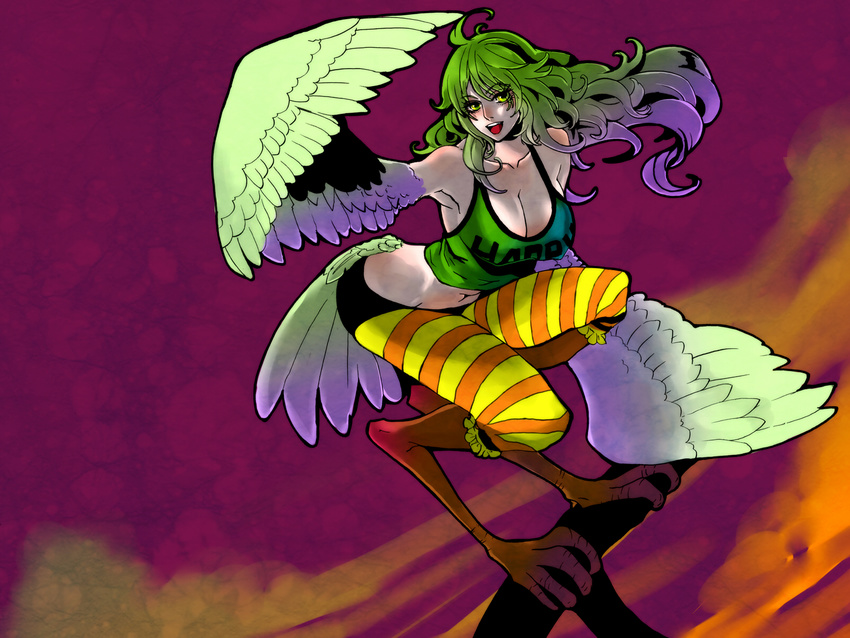 :d bad_id bad_pixiv_id breasts cleavage crop_top feathered_wings feathers female green_eyes green_hair green_tank_top harpy highres large_breasts long_hair midriff monet_(one_piece) monster_girl omaru one_piece open_mouth smile solo talons tank_top wavy_hair winged_arms wings