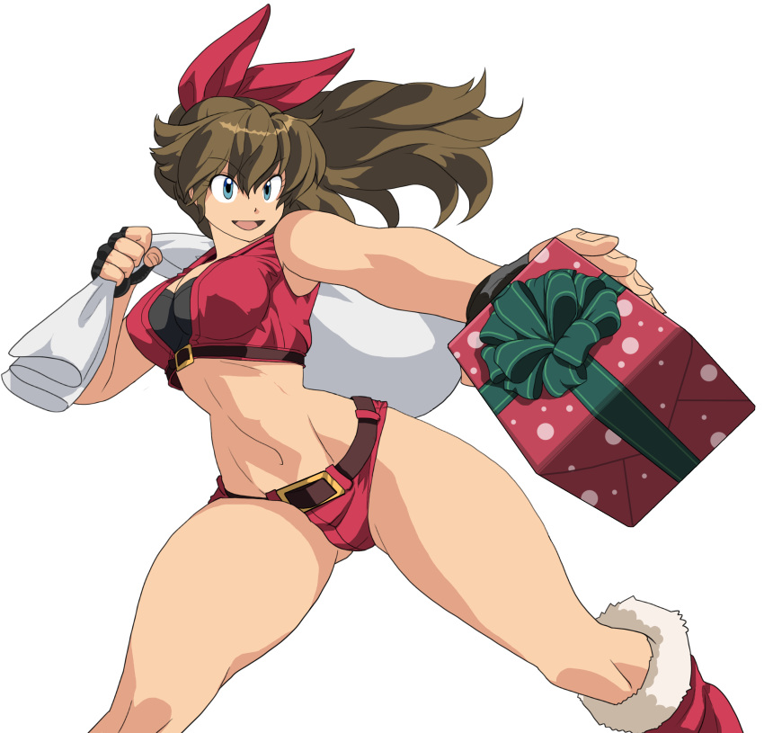 absurdres alternate_costume arm_behind_head arm_up belt blue_eyes boots bow bra breasts brown_hair christmas cleavage cropped_jacket eyebrows_visible_through_hair female gift gluteal_fold hairbow happy_birthday hat highres long_hair m.u.g.e.n medium_breasts merry_christmas midriff navel oggy open_mouth original ponytail red_bow ryuuko_(oggy) sack santa_costume santa_hat shorts solo strapless strapless_bra thighs transparent_background underwear