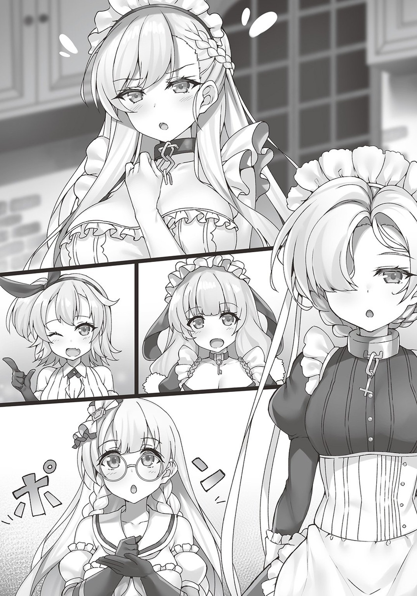 5girls azur_lane belfast_(azur_lane) blush braid breasts cleavage collarbone commentary_request edinburgh_(azur_lane) elbow_gloves glasses gloves greyscale hair_over_one_eye highres kent_(azur_lane) large_breasts long_hair looking_at_another maid_headdress monochrome multiple_girls novel_illustration official_art one_eye_closed open_mouth parted_lips raiou round_eyewear sheffield_(azur_lane) short_hair smile suffolk_(azur_lane)