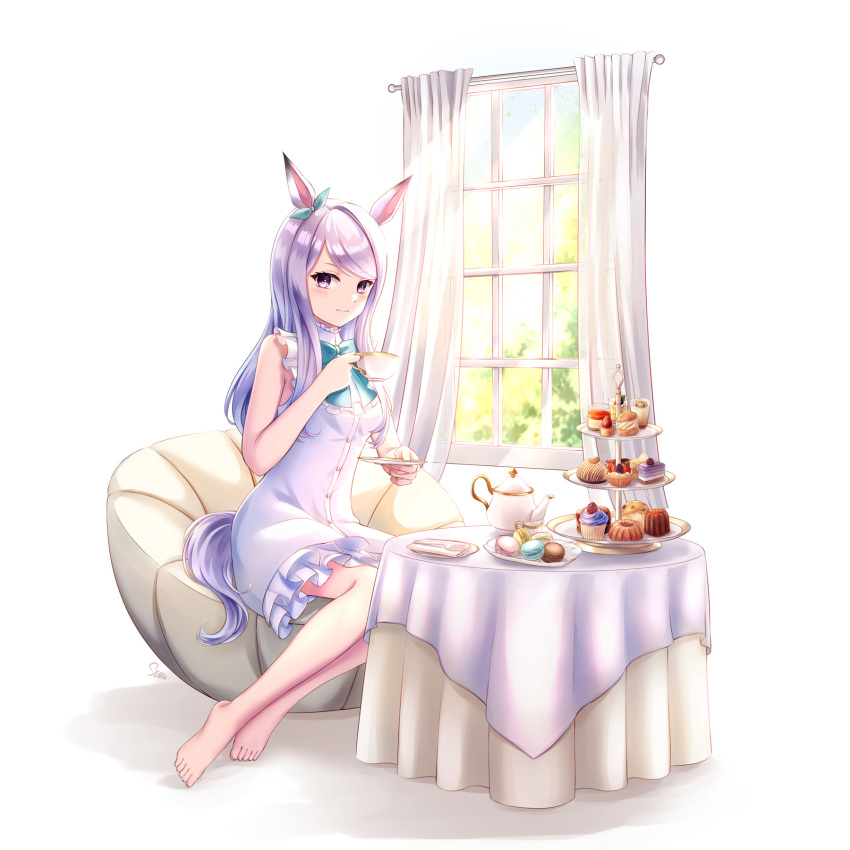 animal_ears barefoot canele closed_mouth cream_puff cup cupcake dress ear_ribbon female food fork frilled_dress frills fruit_tart full_body highres holding holding_cup holding_saucer horse_ears horse_girl horse_tail light_blush light_purple_hair long_hair looking_at_viewer mejiro_mcqueen_(umamusume) mont_blanc_(food) mousse_(food) napkin papasan_chair purple_eyes saucer sebu_illust short_dress sitting sleeveless sleeveless_dress smile solo swept_bangs table tablecloth tail tart_(food) teacup teapot tiered_tray umamusume white_dress window