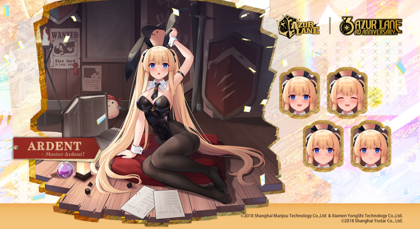 allenes animal_ears ardent_(azur_lane) ardent_(master_ardent?)_(azur_lane) arm_strap arm_support arm_up azur_lane black_bow black_bowtie black_leotard black_pantyhose blonde_hair blue_eyes bow bowtie breasts detached_collar expressions fake_animal_ears female full_body highleg highleg_leotard highres indoors large_breasts leotard long_hair manjuu_(azur_lane) multiple_views official_alternate_costume official_art pantyhose parted_lips playboy_bunny promotional_art rabbit_ears royal_navy_emblem_(azur_lane) second-party_source strapless strapless_leotard sword thighband_pantyhose twintails very_long_hair weapon wooden_floor wrist_cuffs