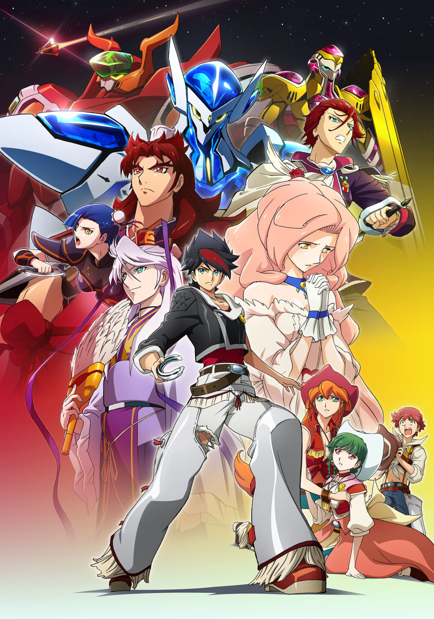 4boys 5girls atlee_ariel back_arrow back_arrow_(character) bangle belt bit_namital black_hair black_jacket blue_eyes blue_hair bracelet braid brown_vest cowboy_hat crop_top elsha_lean feather_fan fine_forte gigan_(back_arrow) green_eyes green_hair hair_bun hat highres jacket jewelry kai_rhodan kanno_toshiyuki key_visual light_brown_hair light_purple_hair loafers long_hair mecha muga multicolored_hair multiple_boys multiple_girls navel official_art orange_hair pants paranoble prax_conrad promotional_art red_eyes red_hair red_headwear red_shirt ren_sin robot shirt shoes short_hair shu_bi single_hair_bun sky sleeveless sleeveless_shirt star_(sky) starry_sky streaked_hair suspenders torn_clothes torn_pants vest white_pants white_shirt wrist_cuffs yellow_eyes