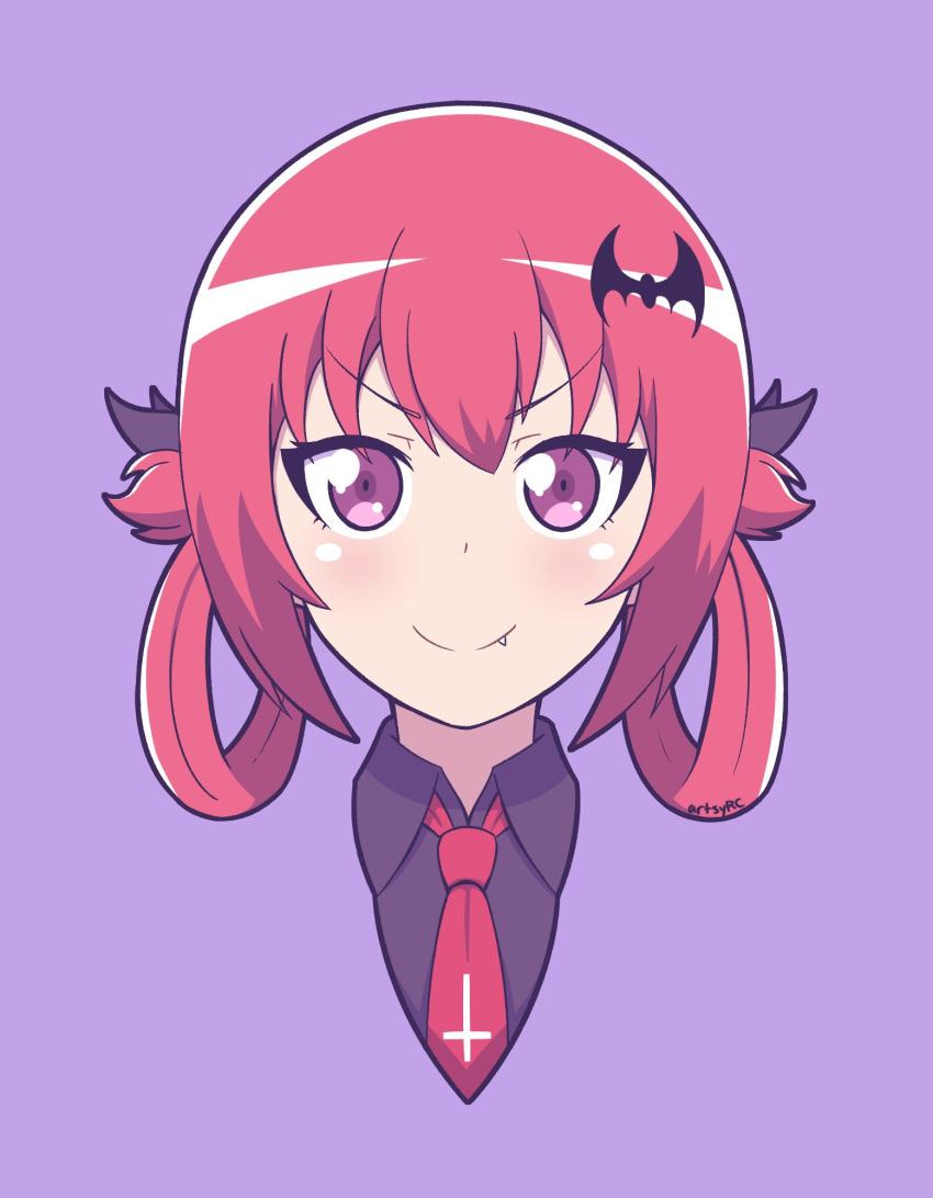 artsy-rc bat_hair_ornament blush bow closed_mouth collared_shirt commentary_request cross fang_out female gabriel_dropout grey_bow grey_shirt hair_ornament hairbow highres inverted_cross looking_at_viewer necktie oerba_yun_fang portrait red_eyes red_hair red_necktie satanichia_kurumizawa_mcdowell shirt smile solo wing_collar