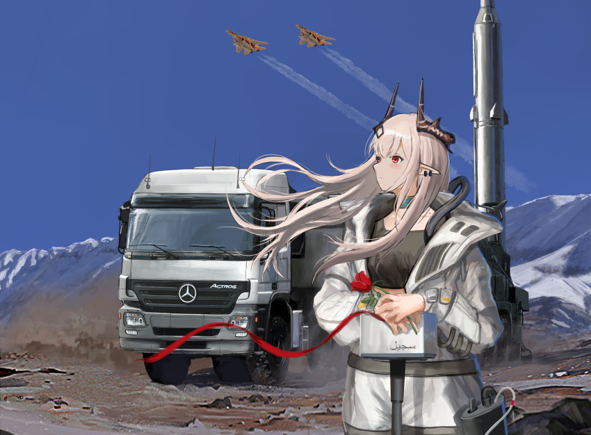 absurdres aircraft airplane arknights black_sports_bra blue_sky closed_mouth commentary_request f-14_tomcat female fighter_jet flower hair_ornament highres holding holding_flower horns iran jet jumpsuit long_hair long_sleeves looking_away looking_up material_growth mercedes-benz mercedes-benz_actros military military_vehicle mirroraptor missile missile_vehicle motor_vehicle mountain mudrock_(arknights) oripathy_lesion_(arknights) outdoors pointy_ears radio_antenna red_eyes red_ribbon ribbon rock rose semi_truck sky snow solo sports_bra standing trailer transporter_erector_launcher_(tel) truck underwear white_hair white_jumpsuit