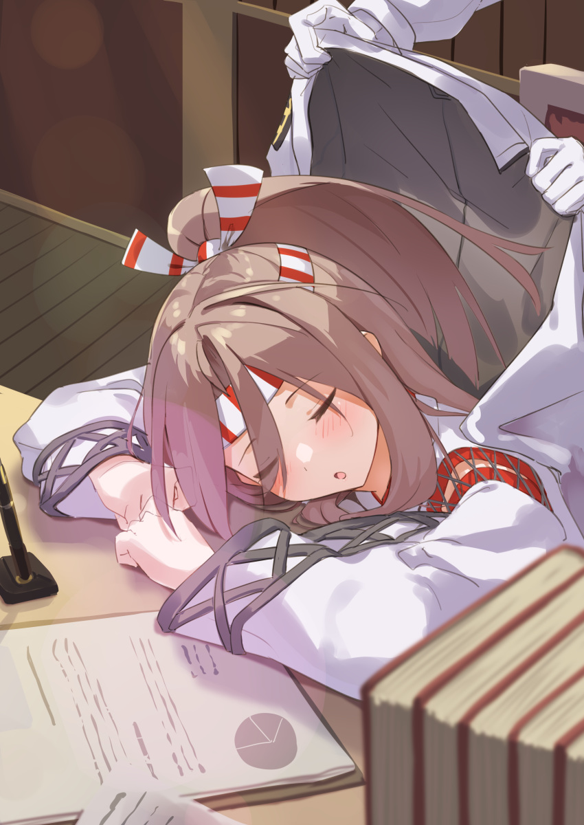 1other absurdres admiral_(kancolle) book closed_eyes female graph graph_(object) hachimaki headband highres jacket jacket_on_shoulders kantai_collection light_brown_hair long_hair natsuki_(gedo) paper pen pie_chart ponytail sleeping striped_headband table upper_body zuihou_(kancolle)