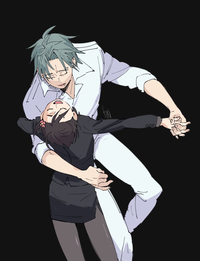 1boy ahoge black_background black_hair black_legwear blue_hair closed_eyes commentary couple dancing female flower formal fukuda_tamotsu hair_flower hair_ornament highres holding_hands hole_in_head hondoumachi_koharu id_:invaded interlocked_fingers lip_piercing mmm73 open_mouth piercing short_hair signature simple_background skirt smile straight suit