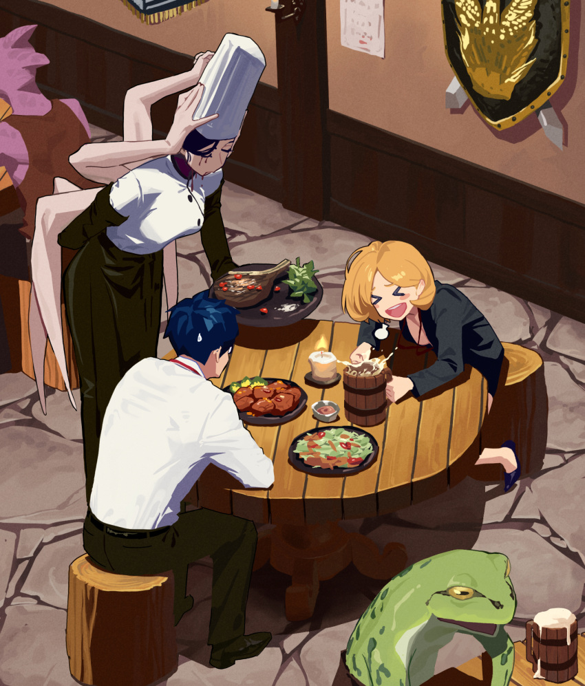 >_< 1other 2boys 2girls black_jacket black_pants blonde_hair blue_hair breasts breath candle chainsaw_man chaucer_(some1else45) chef chef_hat extra_arms falling_devil_(chainsaw_man) food froth hair_over_one_eye hat highres indoors jacket leaning_forward log looking_at_another medium_hair multiple_boys multiple_girls office_lady open_mouth original pants parted_bangs plate restaurant sekoshi_(some1else45) shadow shirt short_hair sitting some1else45 stone_floor table teeth upper_teeth_only white_shirt wooden_cup wooden_table