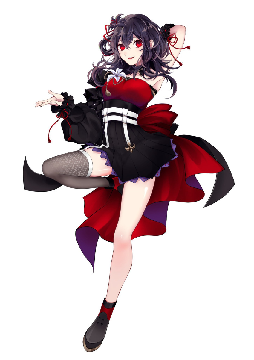 arm_behind_head bad_id bad_twitter_id black_skirt breasts collarbone female flower hair_behind_ear hair_between_eyes high-waist_skirt highres indie_virtual_youtuber kurosaki_yuria loalo long_hair medium_breasts open_hand red_eyes second-party_source single_thighhigh skirt smile solo thighhighs virtual_youtuber white_background white_flower