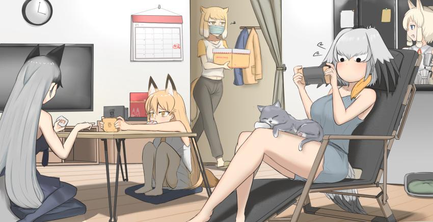 5girls alpaca_ears alpaca_suri_(kemono_friends) alternate_costume animal animal_ear_fluff animal_ears animal_on_lap bare_arms bare_legs bare_shoulders bird_tail black_hair black_pants black_pantyhose blue_eyes box calendar_(object) casual cat_on_lap chair clock commentary extra_ears ezo_red_fox_(kemono_friends) feline fox_ears fox_tail gradient_hair grey_hair hair_between_eyes handheld_game_console head_wings highres indoors jacket japari_symbol john_(a2556349) kemono_friends long_hair looking_at_another lounge_chair mask mouth_mask multicolored_hair multiple_girls nintendo_switch on_lap pants pantyhose raglan_sleeves sanpaku shirt shoebill_(kemono_friends) short_hair short_shorts shorts silver_fox_(kemono_friends) sitting skirt squiggle surgical_mask t-shirt table tail television tibetan_fox_(kemono_friends) unworn_jacket very_long_hair white_hair wings wooden_floor yellow_eyes yellow_legwear