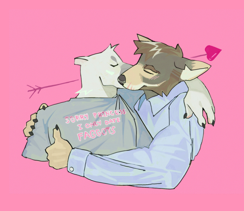 benjidrawss_(artist) blush brown_body brown_fur canid canine canis clothing coyote cupid's_arrow domestic_dog echo_(series) echo_project fur hi_res holidays homophobic_slur hug kissing kissing_cheek male male/male mammal samuel_ayers shirt slur text text_on_clothing text_on_shirt text_on_topwear the_smoke_room topwear valentine's_day white_body white_fur william_adler