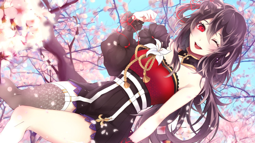 bad_id bad_twitter_id black_hair black_skirt blush cherry_blossoms detached_collar detached_sleeves female flower hair_between_eyes hair_rings high-waist_skirt highres indie_virtual_youtuber kisaragi_(kisaragi0530) kurosaki_yuria looking_at_viewer one_eye_closed open_mouth red_eyes second-party_source single_detached_sleeve single_thighhigh sitting skirt smile solo thighhighs virtual_youtuber white_flower