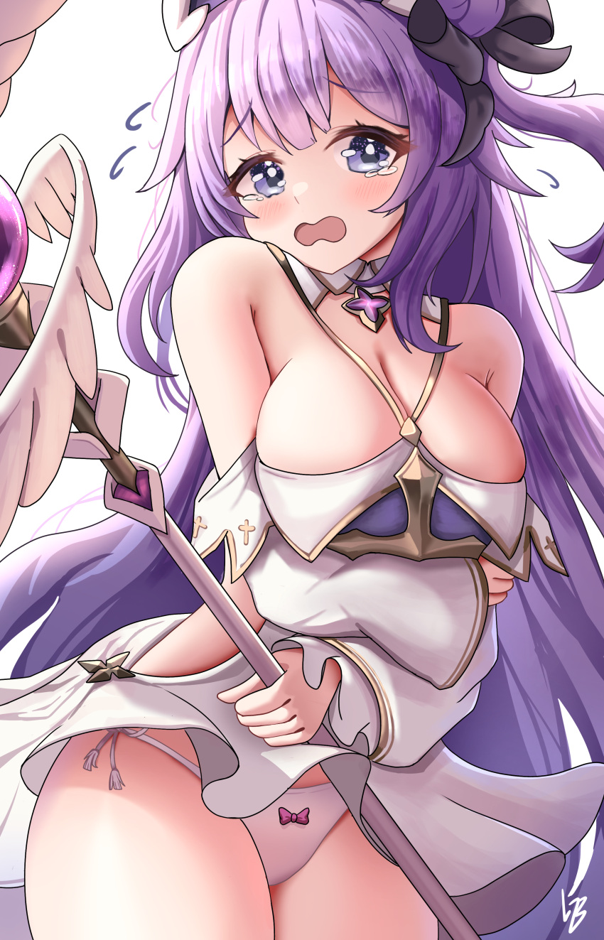 absurdres azur_lane bare_shoulders black_bow blush bow bow_panties breasts cleavage cross dress embarrassed female flying_sweatdrops hairbow highres holding holding_staff large_breasts long_hair loob looking_at_viewer official_alternate_costume one_side_up panties parted_lips purple_eyes purple_hair side-tie_panties signature simple_background solo staff underwear unicorn_(azur_lane) unicorn_(snow_white_guardian_angel)_(azur_lane) very_long_hair white_background white_dress white_panties