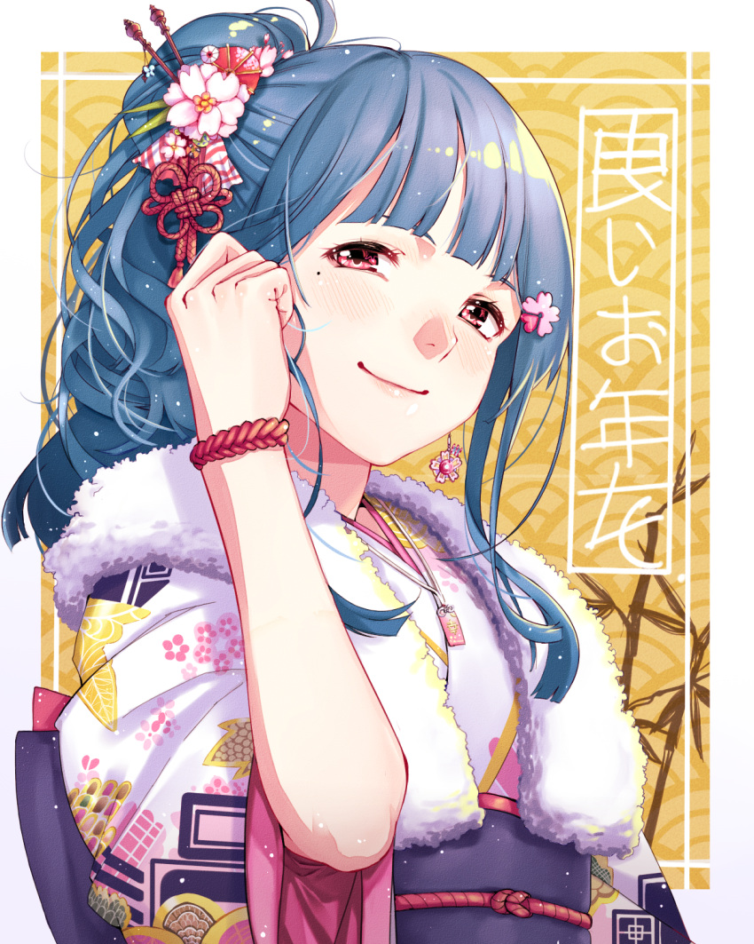 blue_hair blush closed_mouth commentary_request earrings female floral_print flower fur_collar hair_flower hair_ornament hand_in_own_hair hand_up highres japanese_clothes jewelry kimono long_hair looking_at_viewer mole mole_under_eye obi pink_flower print_kimono red_eyes rope sash smile solo tendouji_musubi tokyo_7th_sisters upper_body wide_sleeves wristband yakimi_27