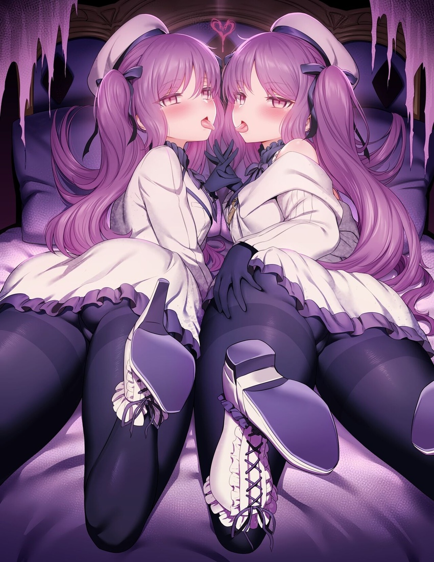 2girls ass_grab bed black_gloves black_pantyhose blush breasts cleft_of_venus dress euryale_(fate) fate/grand_order fate_(series) from_behind gloves grabbing_own_ass hat heart high_heels highres interlocked_fingers long_sleeves looking_at_viewer looking_back lying m-da_s-tarou multiple_girls off_shoulder on_bed on_stomach pantyhose pillow pink_eyes purple_hair small_breasts stheno_(fate) swept_bangs thighs tongue tongue_out twintails white_dress white_footwear