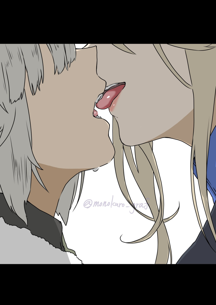 2girls blonde_hair bronislava_feoktistovna_safonov french_kiss grey_hair highres huberta_von_bonin kissing letterboxed long_hair monokuro_graf multiple_girls teeth tongue tongue_out twitter_username white_background world_witches_series yuri