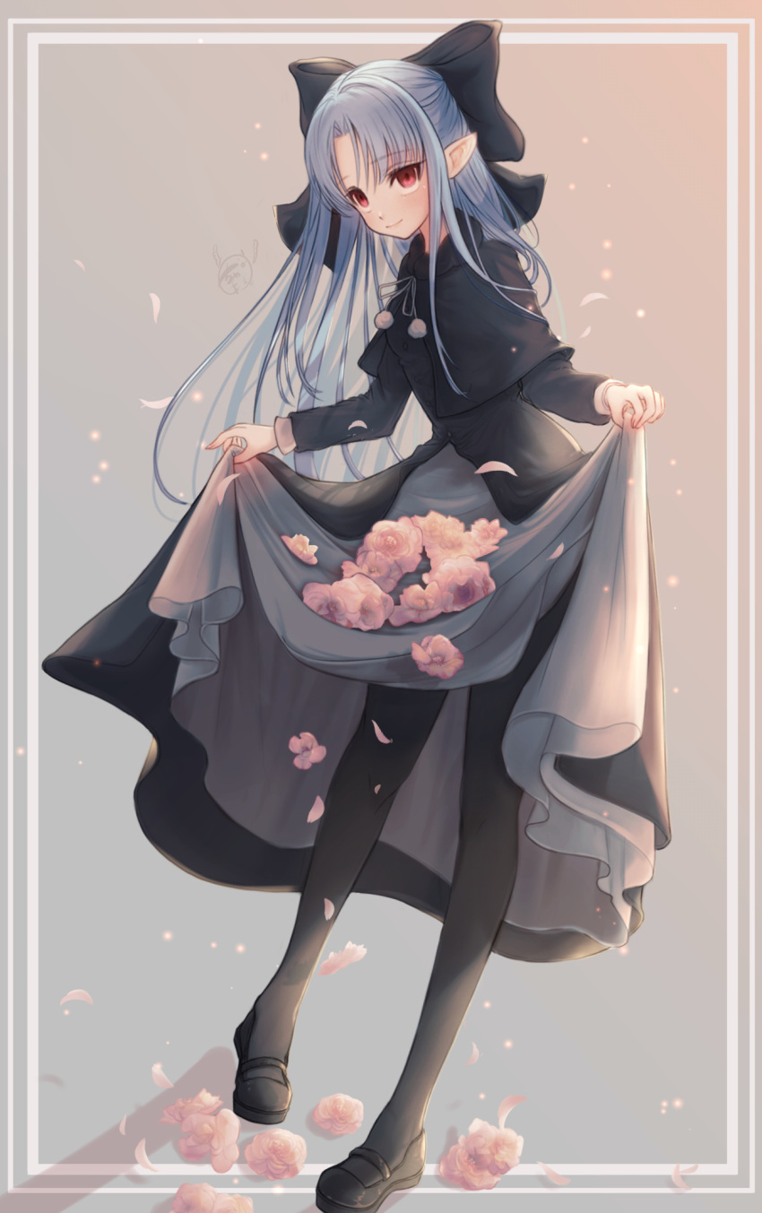 black_dress black_footwear black_pantyhose blue_hair bow chaa_art commission dress female flower full_body grey_background hairbow highres kagetsu_tooya len_(tsukihime) long_hair long_sleeves looking_at_viewer pantyhose parted_bangs pointy_ears red_eyes skeb_commission skirt_basket solo standing tsukihime