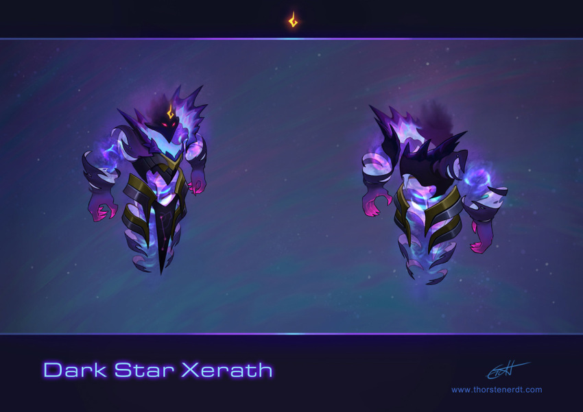 1boy alternate_costume armor character_name claws from_behind glowing league_of_legends magic male_focus multiple_views pink_eyes signature space thorsten_erdt web_address xerath