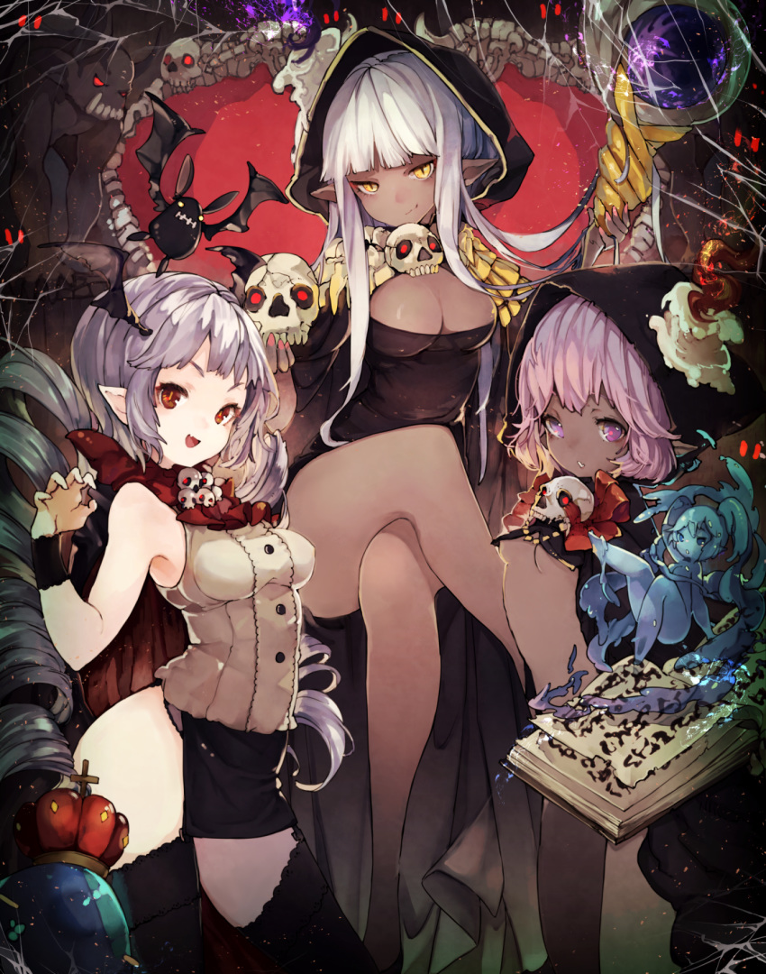 4girls animal_ears bare_shoulders bat_(animal) black_legwear blue_eyes blunt_bangs blush blush_stickers book breasts brown_eyes chobi_(sakuyasakuhana) claw_pose closed_mouth commentary_request covered_nipples crack cross crossed_legs crown dark-skinned_female dark_skin demon dungeon_maker fingernails floating garter_straps grey_hair highres holding holding_skull holding_staff horns lingerie long_fingernails long_hair monster monster_girl multiple_girls nipple_slip nipples oerba_yun_fang open_book open_mouth parted_lips partial_commentary pink_hair pink_nails pointy_ears ponytail purple_eyes red_eyes sharp_teeth short_hair silk sitting skull slime_(substance) slime_girl slit_pupils smile spider_web staff teeth underboob underwear white_hair yellow_eyes