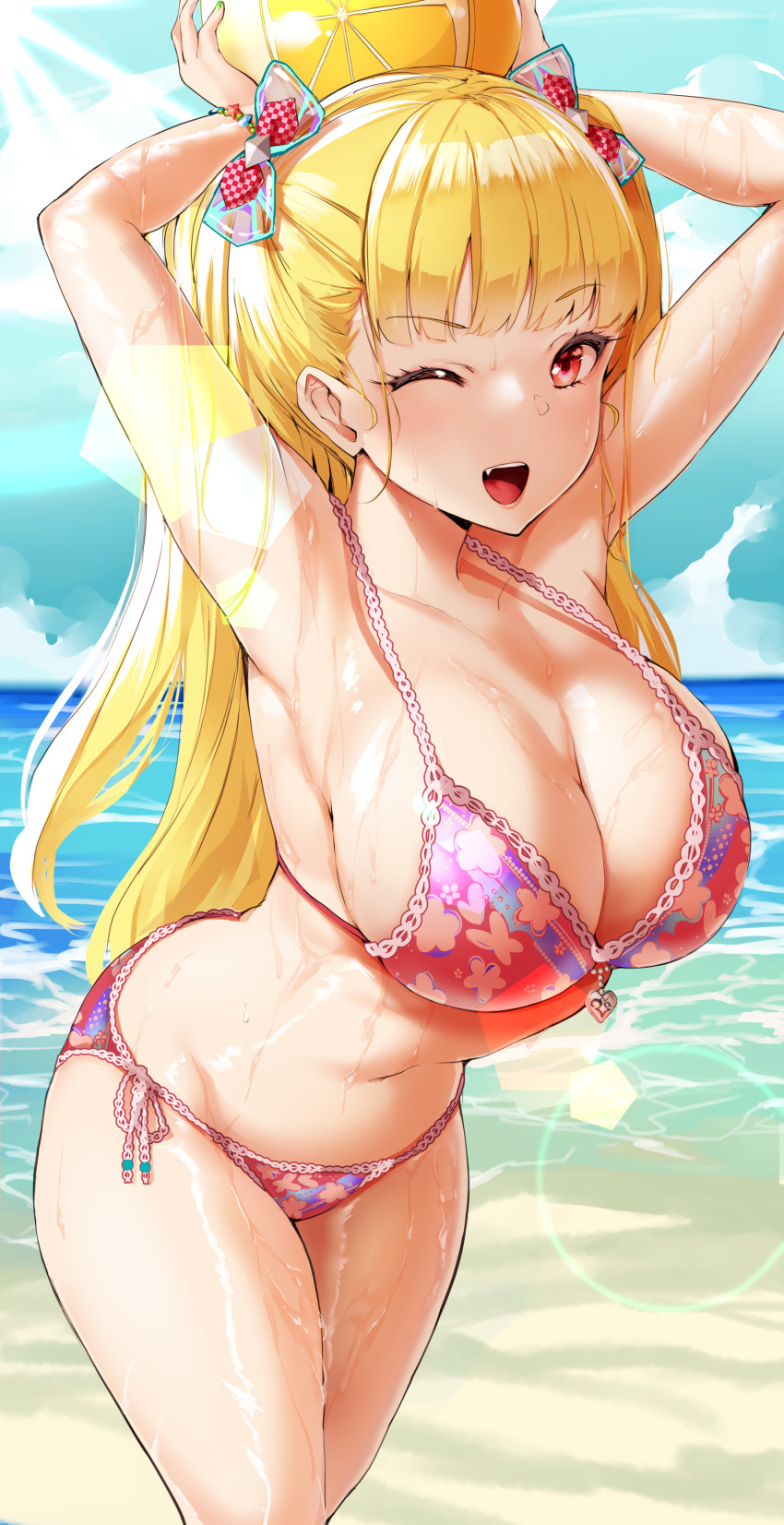 ;d absurdres agetama alternate_costume armpits arms_up ball beach beachball bikini blonde_hair blush bracelet breasts cleavage collarbone feet_out_of_frame female fingernails halterneck highres holding holding_ball holding_beachball jewelry large_breasts lens_flare looking_at_viewer nail_polish navel oerba_yun_fang one_eye_closed outdoors pink_bikini red_eyes side-tie_bikini_bottom sideboob smile solo stomach string_bikini sunlight sweat swimsuit tokyo_7th_sisters two_side_up uesugi_u._kyouko