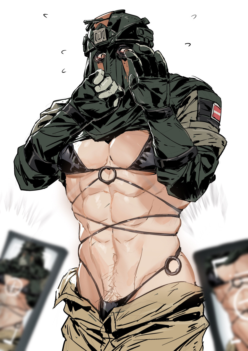 1boy abs absurdres bara bikini black_bikini black_gloves black_jacket black_male_underwear brown_pants call_of_duty call_of_duty:_modern_warfare_2 clothes_lift covered_face gloves helmet highres jacket jacket_lift konig_(call_of_duty) large_pectorals male_focus male_pubic_hair male_underwear mask muscular muscular_male navel open_pants pants pectorals phone pubic_hair swimsuit taocan_shisi_hao thong underwear