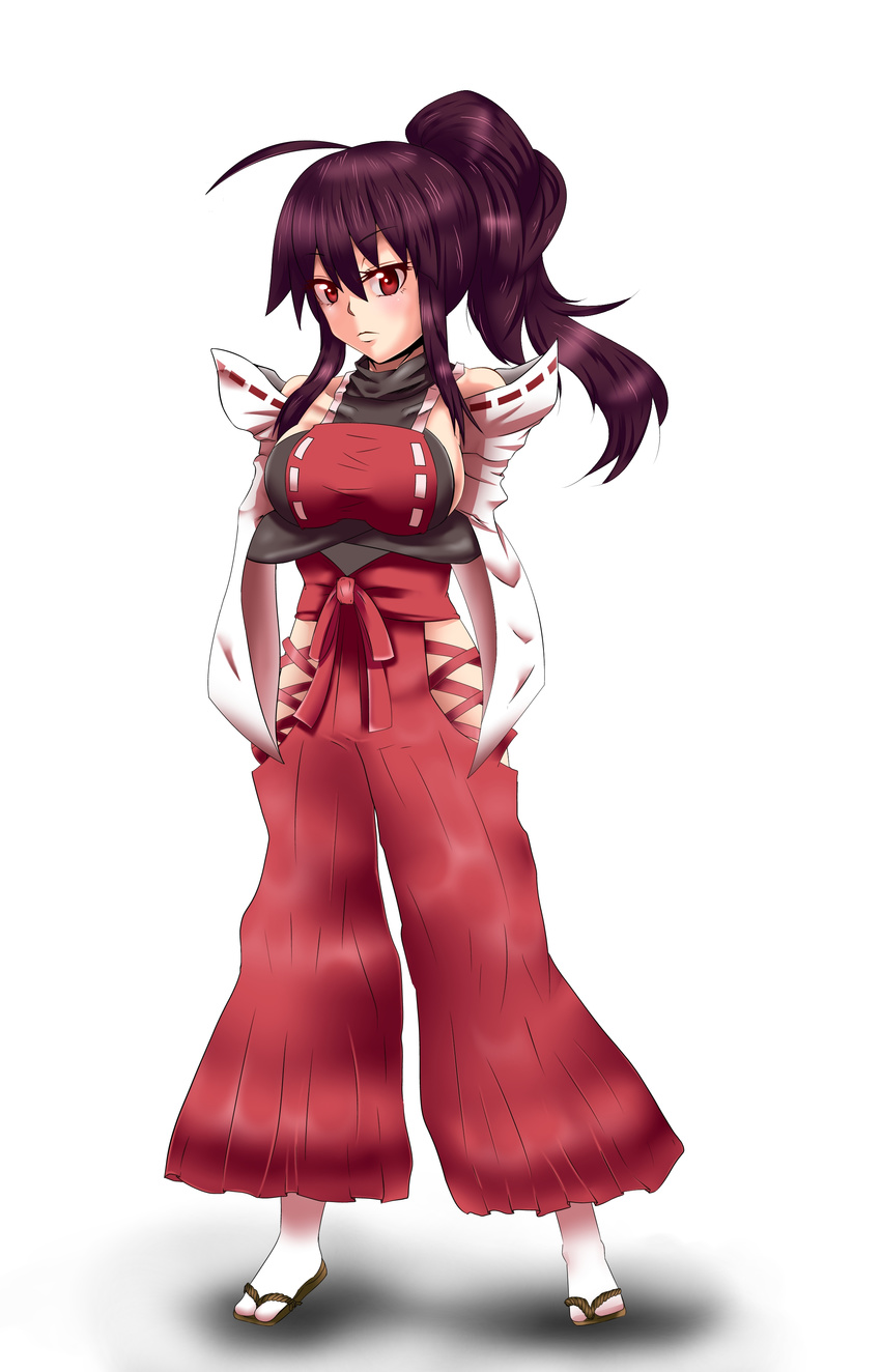 absurdres ahoge alternate_hairstyle breasts brown_hair commentary_request crossed_arms daigingaa detached_sleeves female hakama hakama_pants highres japanese_clothes large_breasts leotard m.u.g.e.n original pants ponytail red_eyes red_pants sandals sendai_hakurei_no_miko sideboob solo tabi