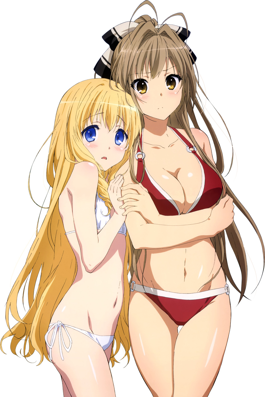 2girls absurdres amagi_brilliant_park antenna_hair bikini blonde_hair blue_eyes blush brown_eyes brown_hair chiyoko collarbone crossed_arms d: hair_intakes hair_ribbon halterneck highres latifa_fleuranza long_hair mg_renders multiple_girls navel o-ring o-ring_bikini open_mouth red_bikini ribbon sento_isuzu side-tie_bikini_bottom swimsuit thigh_gap transparent_background ueno very_long_hair white_bikini