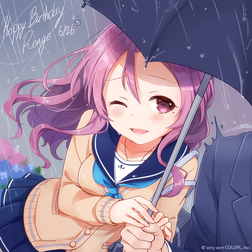 1boy ;d artist_request battle_girl_high_school blush cardigan collarbone commentary_request female flower happy_birthday highres hydrangea long_hair mole mole_under_eye one_eye_closed open_mouth pink_eyes pink_hair rain serizawa_renge smile umbrella