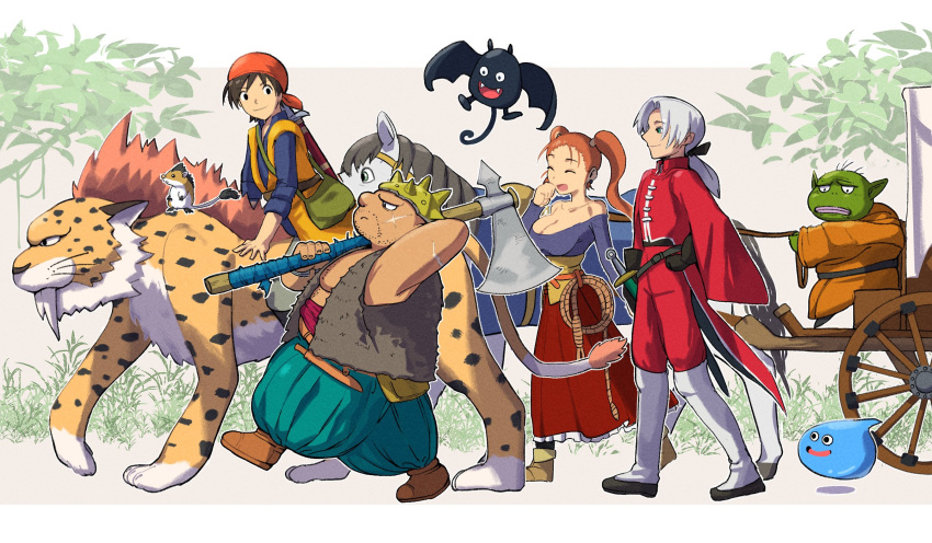 :d alternate_form axe bandana bat_(animal) belt black_gloves boots border breasts brown_footwear brown_hair cleavage closed_eyes closed_mouth colored_skin commentary_request dracky dragon_quest dragon_quest_viii floating gloves green_bag green_skin hamster hero_(dq8) highres holding holding_axe horse jacket jessica_albert knee_boots kukuru_(dq8) large_breasts letterboxed long_skirt mane medaman medea_(dq8) medium_hair munchie_(dq8) open_mouth orange_bandana orange_hair outdoors pants red_jacket red_pants red_skirt sabretooth_tiger sheath sheathed shoes skirt slime_(dragon_quest) smile sword tail trode twintails walking weapon whip whiskers white_border white_footwear white_hair yangus