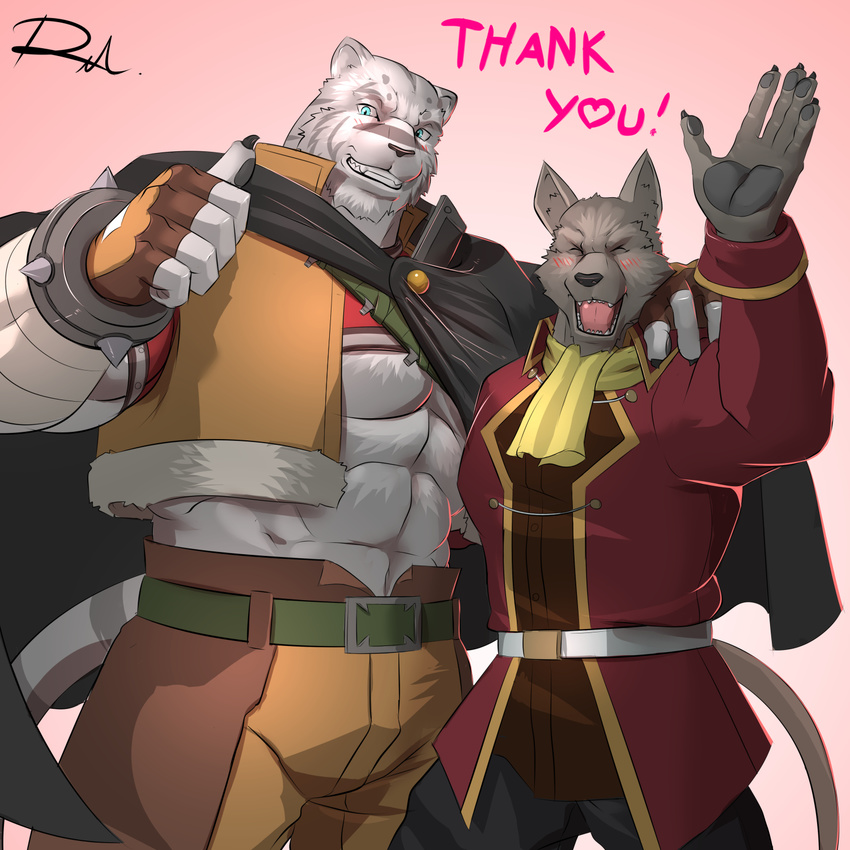 2boys abs animal_ears arm_around_neck bara belt blue_eyes blush cape closed_eyes commentary english_text fangs fingerless_gloves furry furry_male gloves hand_on_another's_shoulder highres hordem_(zero_kara_hajimeru_mahou_no_sho) male_focus mercenary_(zero_kara_hajimeru_mahou_no_sho) multiple_boys muscular muscular_male reclamon signature simple_background tail tiger_boy underpec waving wolf_boy wolf_ears wolf_tail zero_kara_hajimeru_mahou_no_sho