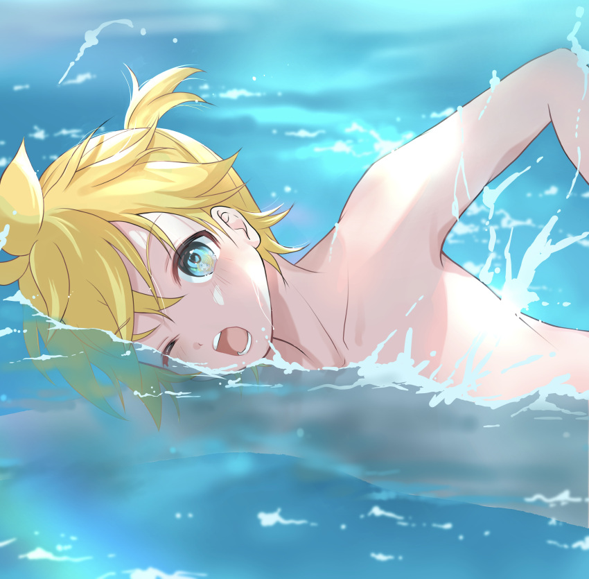 1boy absurdres aqua_eyes blonde_hair highres kagamine_len male_focus one_eye_closed open_mouth short_hair solo swimming syokorashimegi topless_male vocaloid water