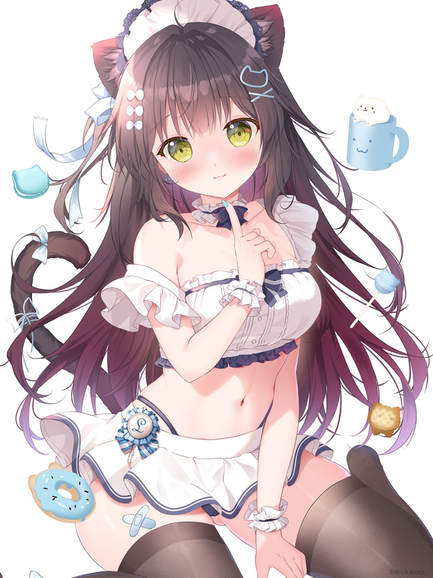 :3 animal_ear_fluff animal_ears apron ass_visible_through_thighs between_legs black_bow black_bowtie black_panties black_thighhighs blue_nails blush bow bowtie breasts brown_hair cameltoe cat_ears cat_girl cat_hair_ornament cat_tail choker closed_mouth collarbone colored_eyelashes commentary_request crop_top doughnut female floating_hair food frilled_choker frills hair_between_eyes hair_ornament hair_ribbon hairbow hand_between_legs hand_up highleg highleg_panties highres index_finger_raised long_hair looking_at_viewer maid maid_apron maid_headdress medium_breasts midriff mikeou miniskirt nail_polish navel no_shoes original panties ribbon shirt sidelocks simple_background single_bare_shoulder sitting skirt smile solo strap_slip tail tail_bow tail_ornament tail_raised thighhighs twitter_username underwear very_long_hair wariza white_background white_bow white_ribbon white_shirt white_skirt x_hair_ornament yellow_eyes zettai_ryouiki