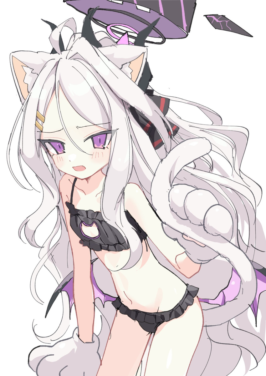 ahoge animal_ears animal_hands black_bra black_horns black_panties blue_archive bra cat_cutout cat_ears cat_lingerie cat_tail clothing_cutout demon_horns demon_wings female flat_chest frilled_bra frilled_panties frills gloves highres hina_(blue_archive) horns long_hair looking_at_viewer low_wings meme_attire multiple_horns panties parted_bangs paw_gloves purple_wings sentouryoku_5 side-tie_panties solo tail underwear underwear_only very_long_hair white_hair wings