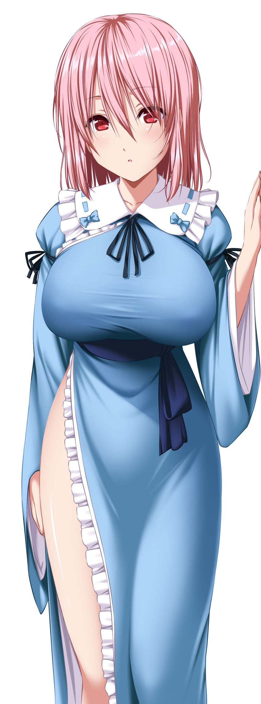 absurdres blue_kimono breasts dress female frilled_kimono frills highres japanese_clothes kimono long_dress long_hair long_sleeves looking_at_viewer nori_tamago pink_hair red_eyes saigyouji_yuyuko side_slit solo touhou wide_sleeves