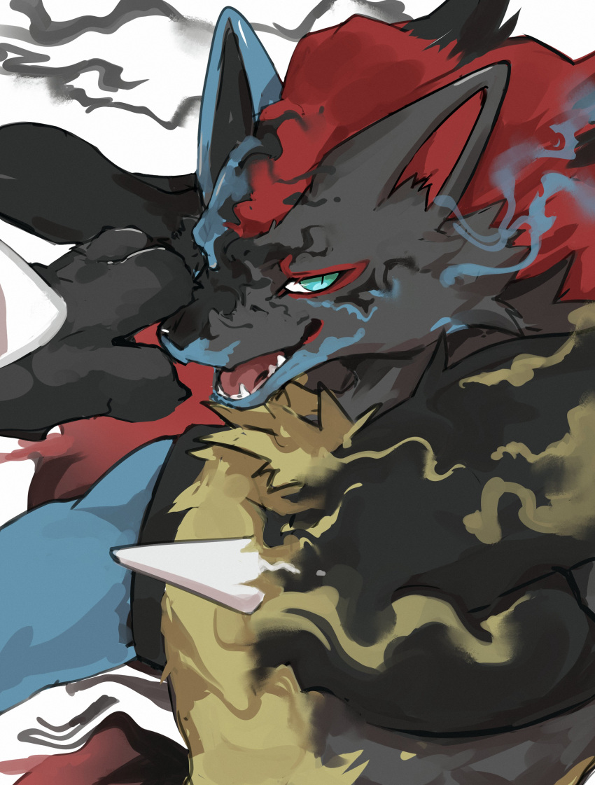 absurd_res anthro black_body black_fur blue_body blue_eyes blue_fur canid canine claws fur generation_4_pokemon generation_5_pokemon hair hi_res illusion lucario mammal neck_tuft nintendo pokemon pokemon_(species) red_hair simple_background sisijimakarashi solo tuft yellow_body yellow_fur zoroark