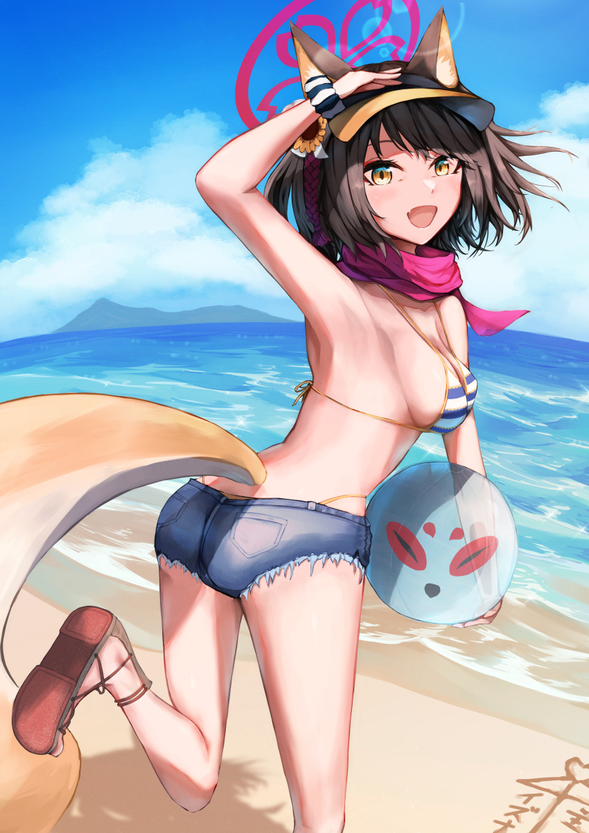 absurdres animal_ear_fluff animal_ears armpits beach bikini blue_archive blush breasts brown_hair female fox_ears fox_girl fox_tail halo highres izuna_(blue_archive) izuna_(swimsuit)_(blue_archive) looking_at_viewer navel official_alternate_costume ohal pink_halo presenting_armpit sandals scarf short_hair shorts sky solo striped_bikini striped_clothes swimsuit tail visor_cap water yellow_eyes