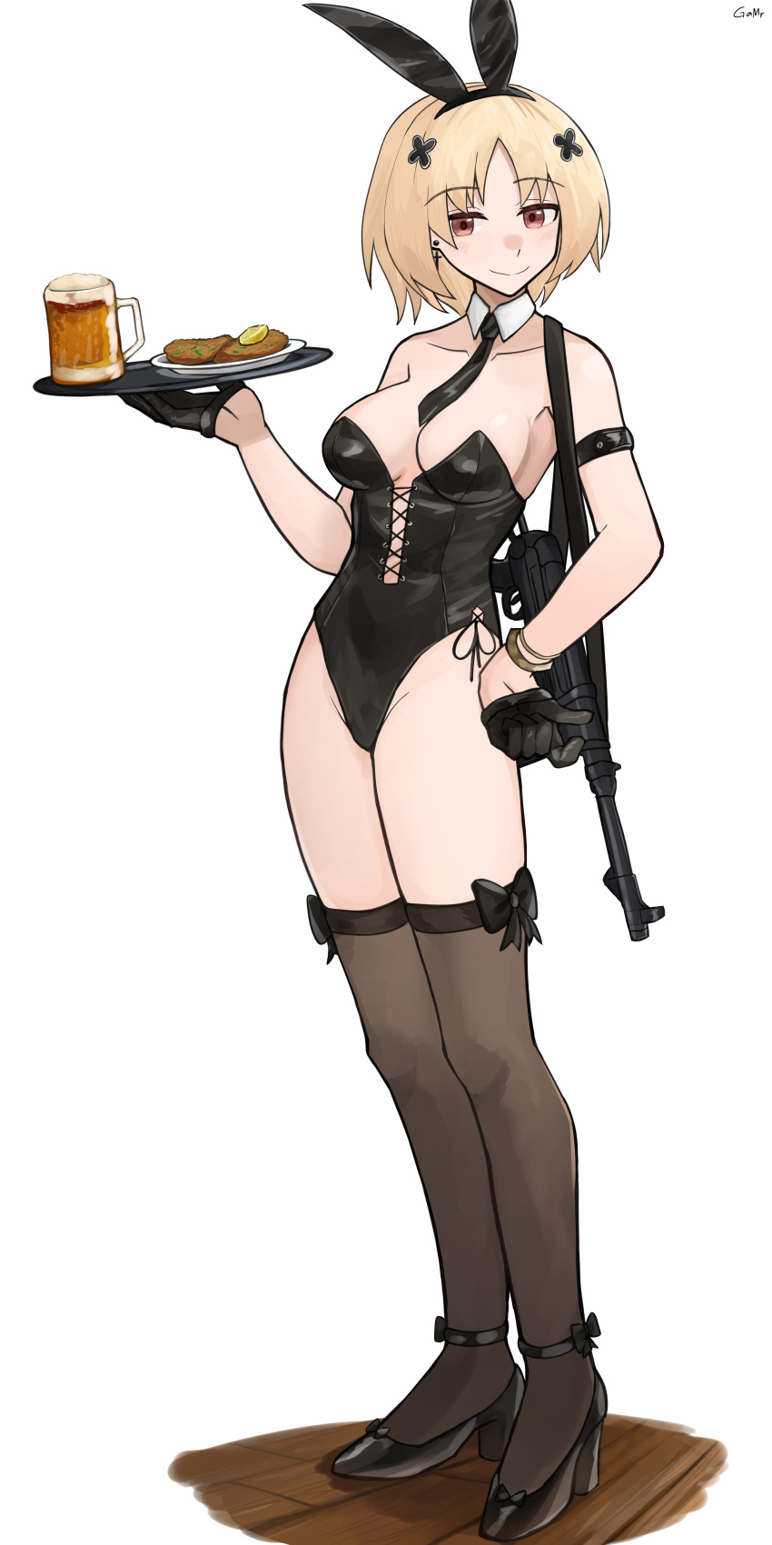 absurdres animal_ears black_footwear black_gloves black_leotard black_necktie black_ribbon black_thighhighs blonde_hair detached_collar earrings female full_body gamryous girls'_frontline gloves gun hair_ornament high_heels highres jewelry leotard mp40 mp40_(champagne_of_spades)_(girls'_frontline) mp40_(girls'_frontline) necktie official_alternate_costume playboy_bunny rabbit_ears red_eyes ribbon short_hair solo standing submachine_gun thighhighs weapon