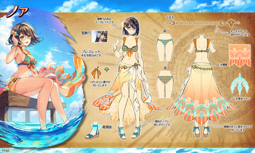 aqua-framed_eyewear aqua_bikini bikini blue_hat blue_sky breasts brown_background character_name cloud commentary_request dare_ga_tame_no_alchemist female fish flower from_behind full_body hair_flower hair_ornament hat holding holding_own_hair navel noah_(dare_ga_tame_no_alchemist) official_alternate_costume official_art outdoors reference_sheet sarong second-party_source simple_background sitting sky solo standing straight-on swimsuit thighs towel wet witch_hat