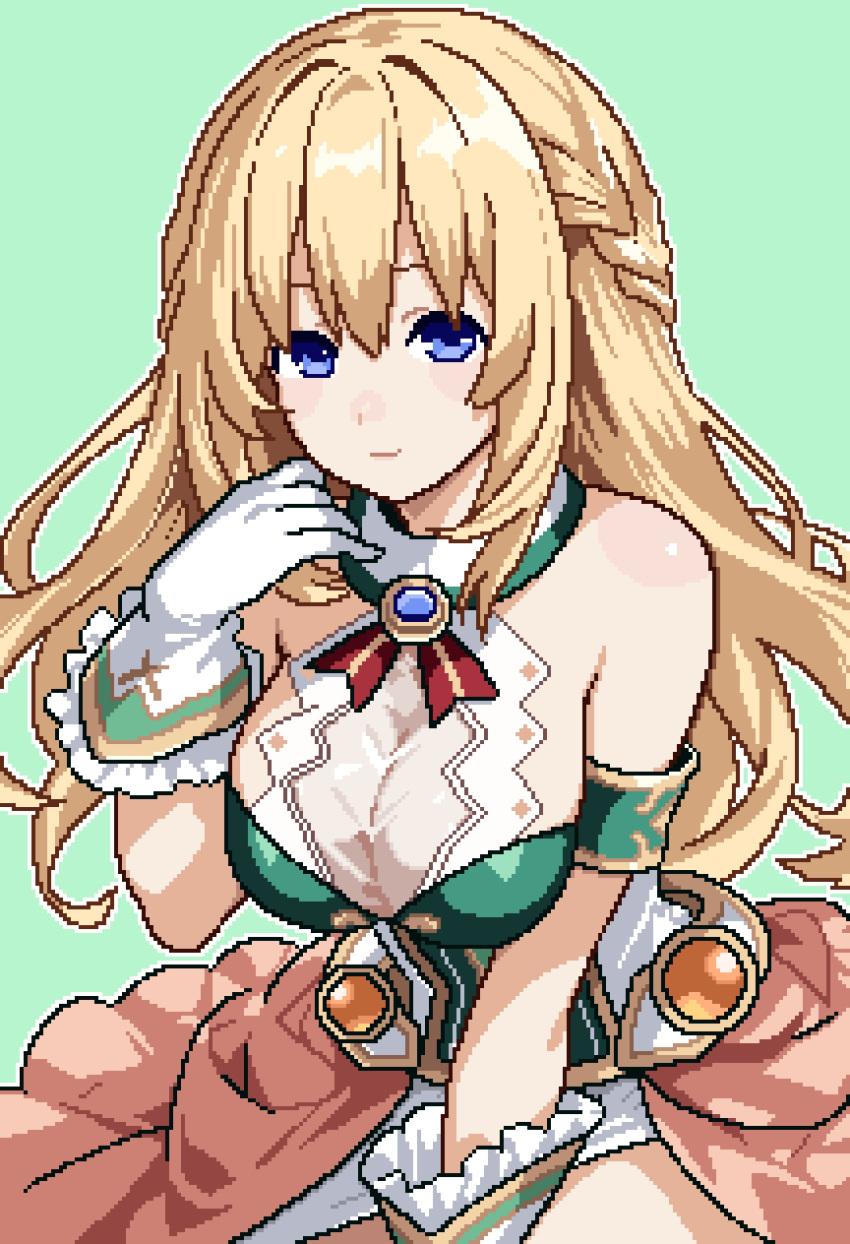 absurdres bare_shoulders blonde_hair blue_eyes braid breasts cleavage closed_mouth cowboy_shot dress female frilled_gloves frills gloves green_background hand_up highres large_breasts light_smile loblob_art long_hair looking_at_viewer neptune_(series) pixel_art simple_background solo vert_(neptunia)