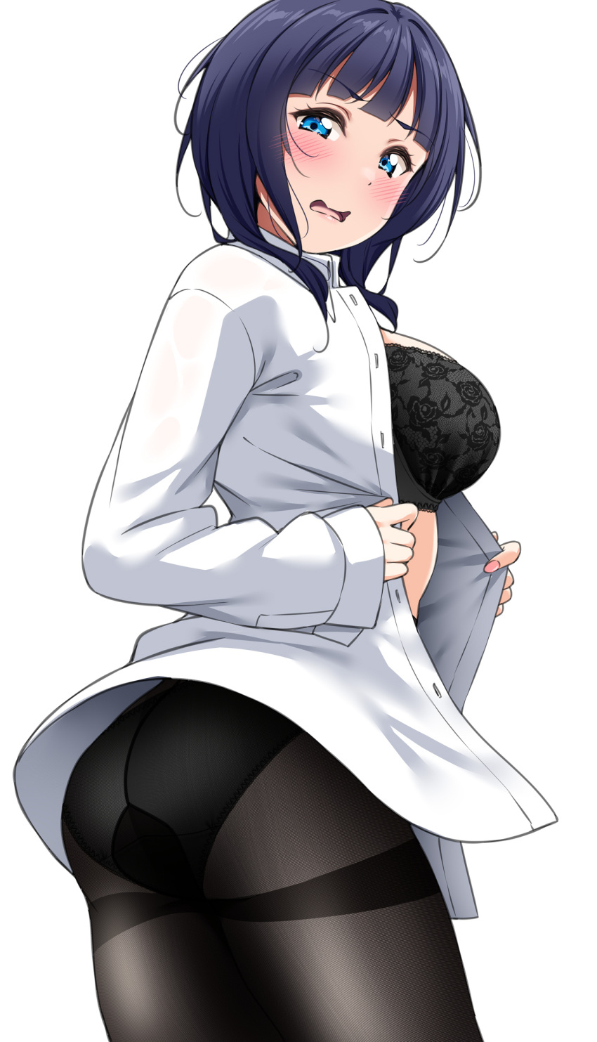 absurdres asaka_karin ass black_bra black_panties black_pantyhose blue_eyes blue_hair blunt_bangs blush bra breasts female flustered from_behind gusset highres large_breasts lingerie long_sleeves looking_at_viewer looking_back love_live! love_live!_nijigasaki_high_school_idol_club medium_hair panties panties_under_pantyhose pantyhose revision shirt simple_background solo thighband_pantyhose thighs underwear undressing white_background white_shirt yopparai_oni