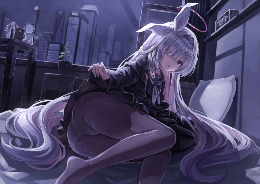 absurdres alarm_clock ass black_coat black_pantyhose black_serafuku black_shirt black_skirt blue_archive braid character_request clock clothes_lift coat commentary_request doodle_sensei_(blue_archive) female flower_pot grey_hair hair_ribbon halo hat_over_one_eye highres indoors lifting_own_clothes long_hair long_sleeves looking_at_viewer neckerchief night night_sky no_shoes off_shoulder open_clothes open_coat osom9525 panties panties_under_pantyhose pantyhose pillow pink_hair pink_halo plana_(blue_archive) plant potted_plant reclining ribbon school_uniform sensei_(blue_archive) serafuku shirt side_braid skirt skirt_lift sky solo tongue tongue_out underwear very_long_hair white_neckerchief white_ribbon