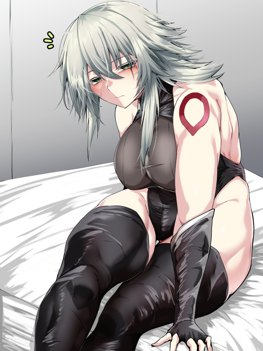 aged_up bare_shoulders black_thighhighs blush breasts fate/apocrypha fate/grand_order fate_(series) female fingerless_gloves framed_breasts gloves green_eyes highleg highleg_leotard highres jack_the_ripper_(fate/apocrypha) large_breasts leotard looking_at_viewer scar scar_across_eye scar_on_cheek scar_on_face short_hair shoulder_tattoo solo tattoo tgxx3300 thighhighs white_hair