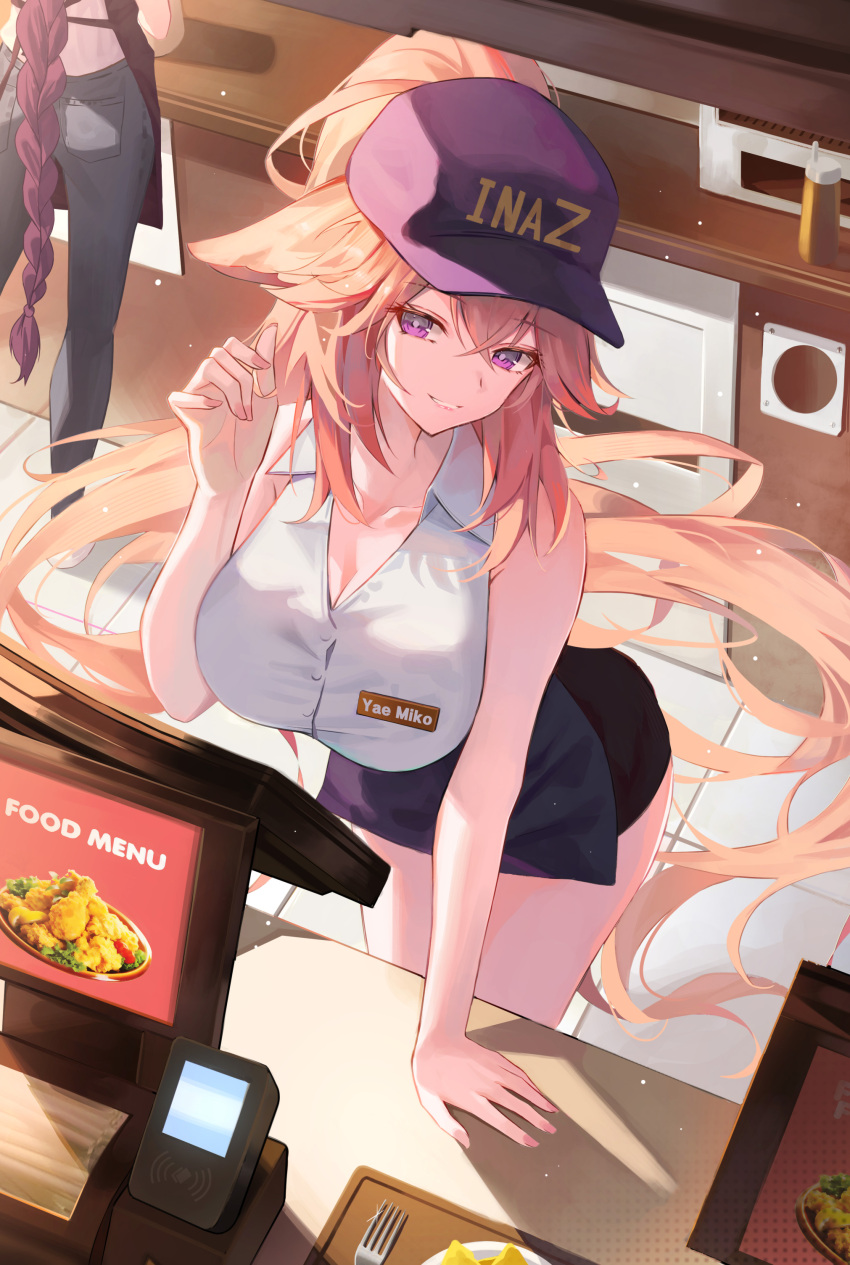 2girls absurdres alternate_costume bare_legs braid breasts cashier cleavage collarbone commentary contemporary denim droopy_ears employee_uniform fast_food_uniform fork genshin_impact hair_between_eyes hat hat_writing highres hyonee jeans kitchen large_breasts leaning_forward long_hair looking_at_viewer multiple_girls pants parted_lips pink_hair purple_eyes purple_hat raiden_shogun revision shirt sidelocks smile solo_focus standing tray uniform very_long_hair white_shirt yae_miko