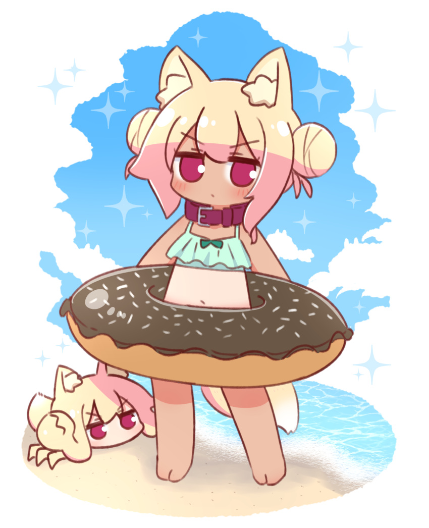 2girls animal animal_ear_fluff animal_ears animalization bare_arms bare_shoulders barefoot beach bikini blonde_hair blue_bikini blue_sky blush closed_mouth cloud collar commentary_request crab day double_bun fox_ears fox_girl fox_tail hair_between_eyes hair_bun highres innertube kemomimi-chan_(naga_u) looking_at_viewer multiple_girls naga_u navel ocean original purple_collar purple_eyes sand sky sparkle swim_ring swimsuit tail tan tanlines v-shaped_eyebrows water