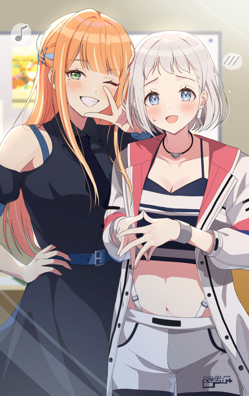 2girls absurdres black_dress blue_eyes blush clothing_cutout crop_top dress eighth_note gakuen_idolmaster green_eyes grey_hair grey_jacket grey_shorts hand_on_own_hip highres idolmaster indoors jacket juu_10 katsuragi_lilja long_hair long_sleeves midriff multiple_girls musical_note navel one_eye_closed open_clothes open_jacket open_mouth orange_hair shiun_sumika short_hair short_shorts shorts shoulder_cutout smile speech_bubble spoken_blush spoken_musical_note upper_body